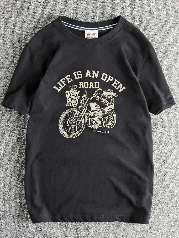 2025 Summer American Retro Short Sleeve O-neck Skeleton Motorcycle Printed T-shirt Men's Fashion 100% Cotton Washed Casual Tops