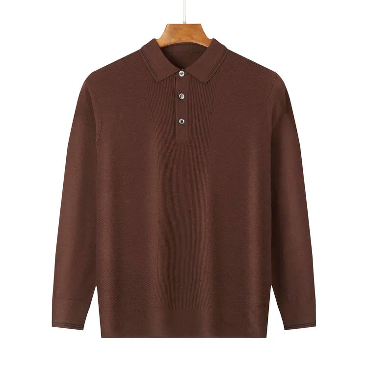 Men's Solid Colour Business Casual Polo Shirt, Suitable For Daily Commute, Pullover Sweater, Warm Knitted Long-Sleeved Cardigan