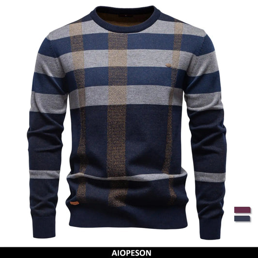 Men's Contrast Colour Sweater Striped Crewneck Pullover Warm Knitted Cotton Blend Luxury Winter Male Sweater