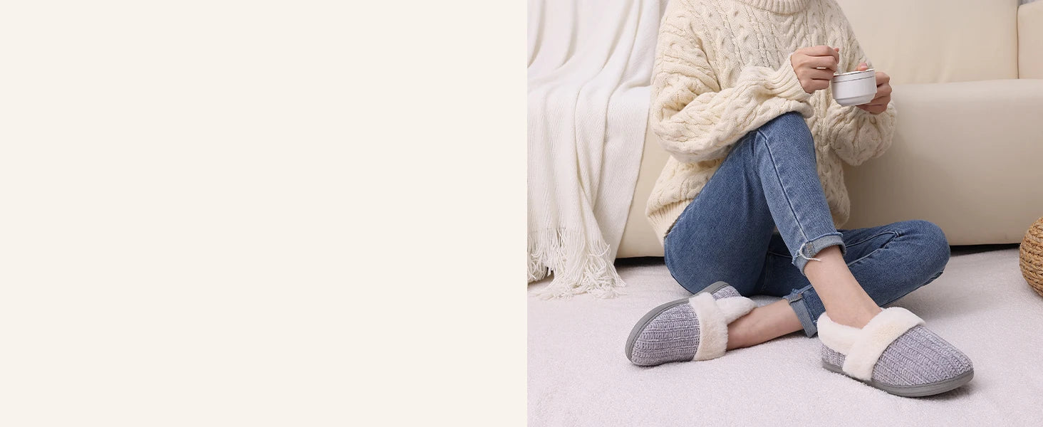 Women's Fleece Lined Warm House Cotton Slippers With Memory Foam and Non-Slip Cosy Fluffy Sole Plush Knit Slides Suitable For Bedroom Use
