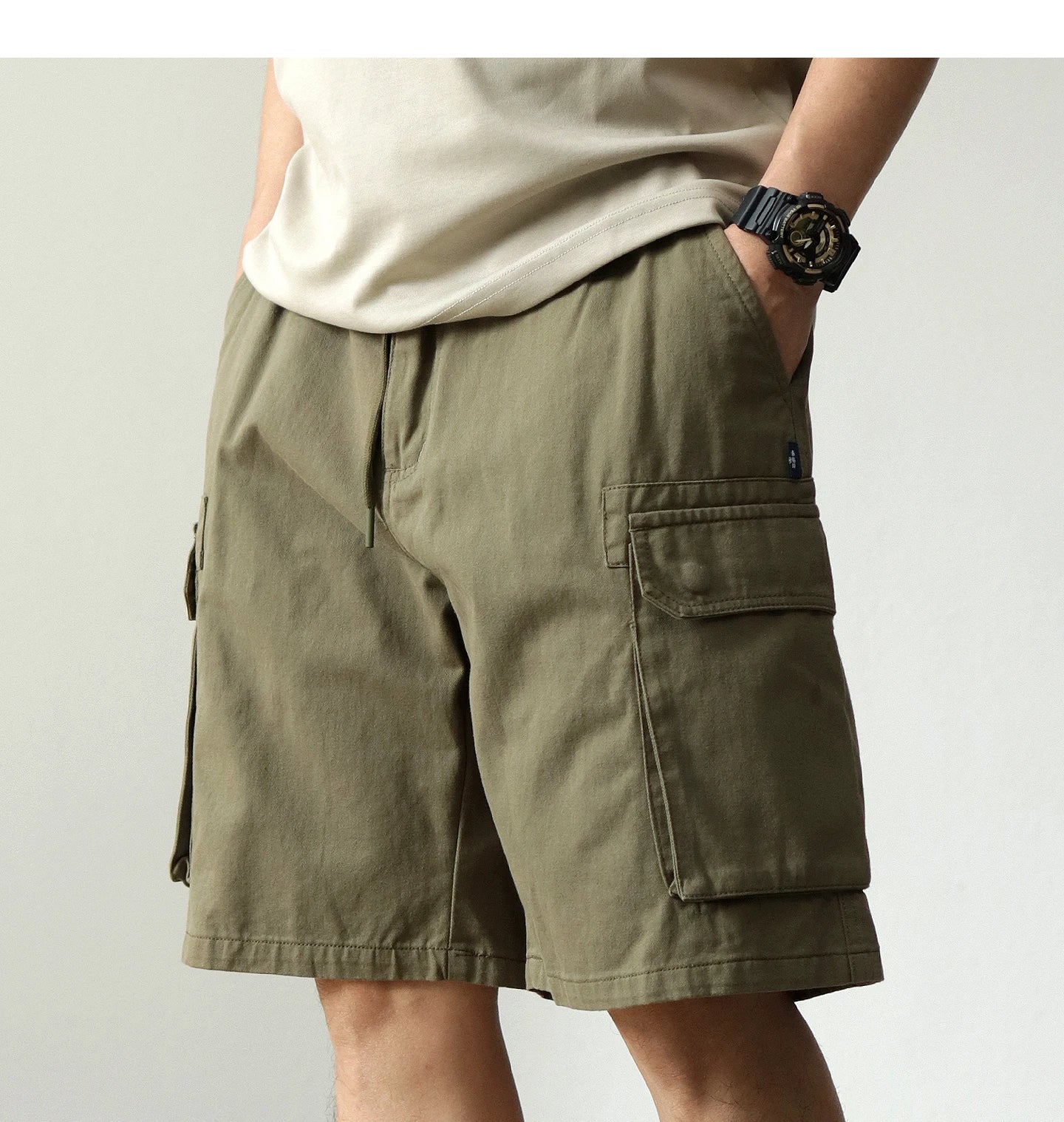2025 Zomer Nieuwe Amerikaanse Retro Geweven Cargo Shorts Heren 100% Katoen Elastische Taille Trekkoord Casual Losse Rechte 5-punts Broek