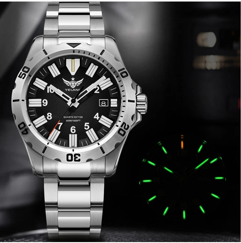 YELANG V1036 42mm Men's Quartz Watch Luminous Display Japan Movement 30ATM Waterproof Stainless Steel Band with Luminous Hands