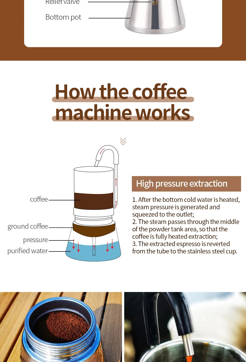 Camping Stovetop Coffee Distiller Maker Stainless Steel Moka Pot Outdoor Brewed Coffee Grinder for Office Home Camping