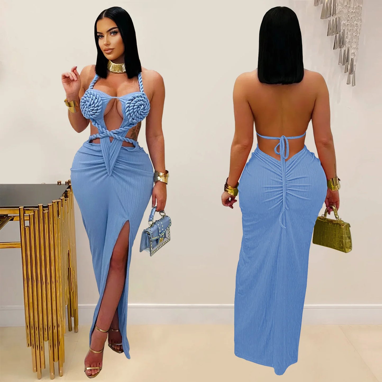 Bohemia Knitted Women Maxi Dress 2025 Summer Halter Lace Up Backless Split Sheath Vestidos Beach Vacation Robe