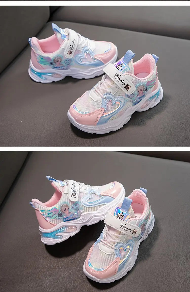 Girls' Casual Shoes Frozen Princess Elsa Sneakers Mesh Leather White Breathable Sole Children's Sport Shoes Size 26-37
