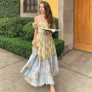 Patchwork Floral Print Boho Summer Dresses Women Vintage Puff Sleeve A-line Midi Chiffon Dress Chic Lady Vacation Robe