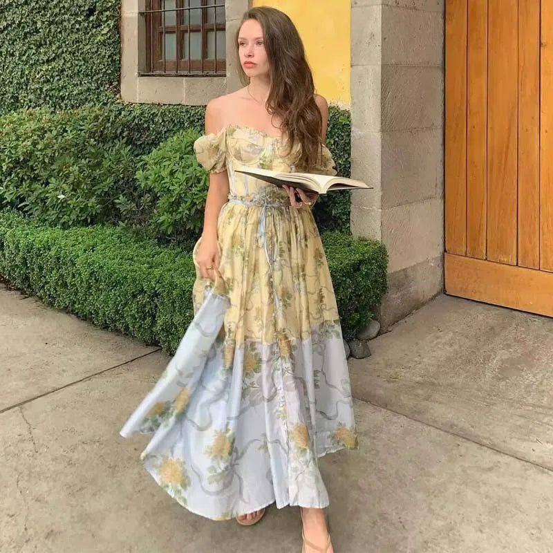 Patchwork Floral Print Boho Summer Dresses Women Vintage Puff Sleeve A-line Midi Chiffon Dress Chic Lady Vacation Robe