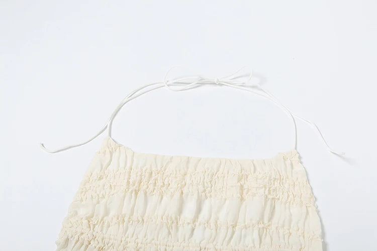 Sexy See-Through 2 Piece Set Women Lace-Up Halter Backless Crop Tops + Ruched Elegant Skirts Vacation Beach Party Suits
