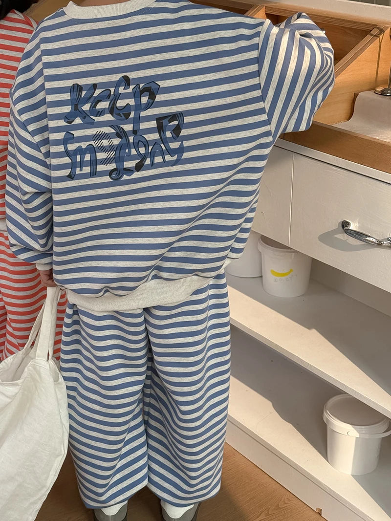 Spring Children's Clothes Boys' Tracksuit Kid's O-Neck Hoodie Set Girls' Korea Striped Letter Printed Sweatshirt 2Pcs Suit 4-6Y Unisex