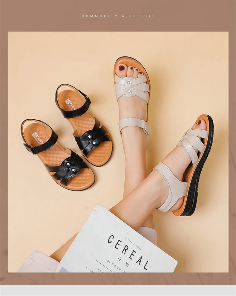 Women's Female Ladies Mother Genuine Leather Sandals Platform Shoes Non Slip Summer Cool Beach Hook Loop Plus Size 42 43
