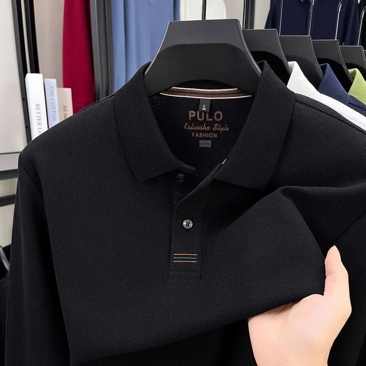 Men's Autumn 100% Breathable Cotton, Long-Sleeve Polo Shirt - Classic Cotton Collared T-Shirt With Business Casual Design
