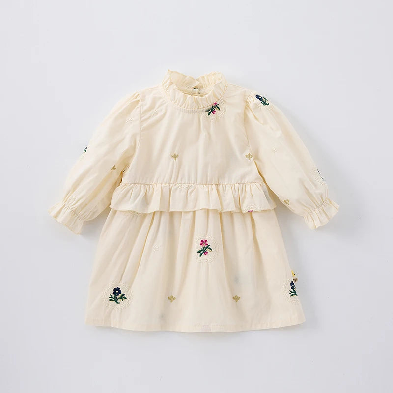 Spring Girls' Long Sleeve Dress 0-6Y Flower Embroidery Ruffled Collar Baby Children's Princess Dress Retro Style Kid's Clothing