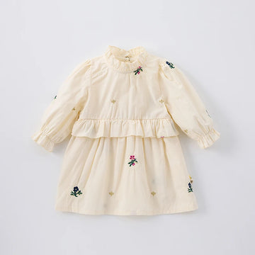 Spring Girls' Long Sleeve Dress 0-6Y Flower Embroidery Ruffled Collar Baby Children's Princess Dress Retro Style Kid's Clothing