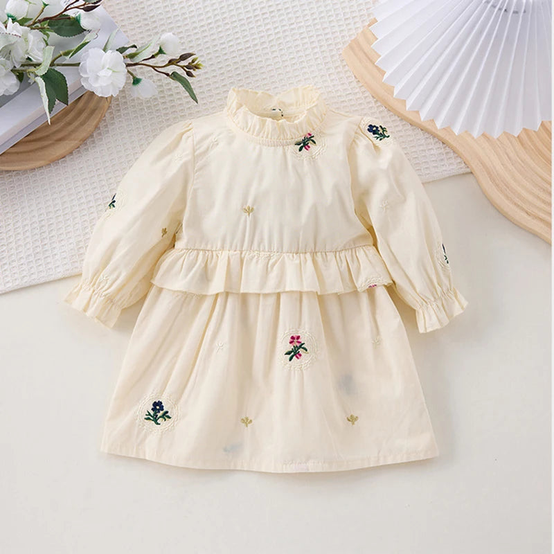 Spring Girls' Long Sleeve Dress 0-6Y Flower Embroidery Ruffled Collar Baby Children's Princess Dress Retro Style Kid's Clothing