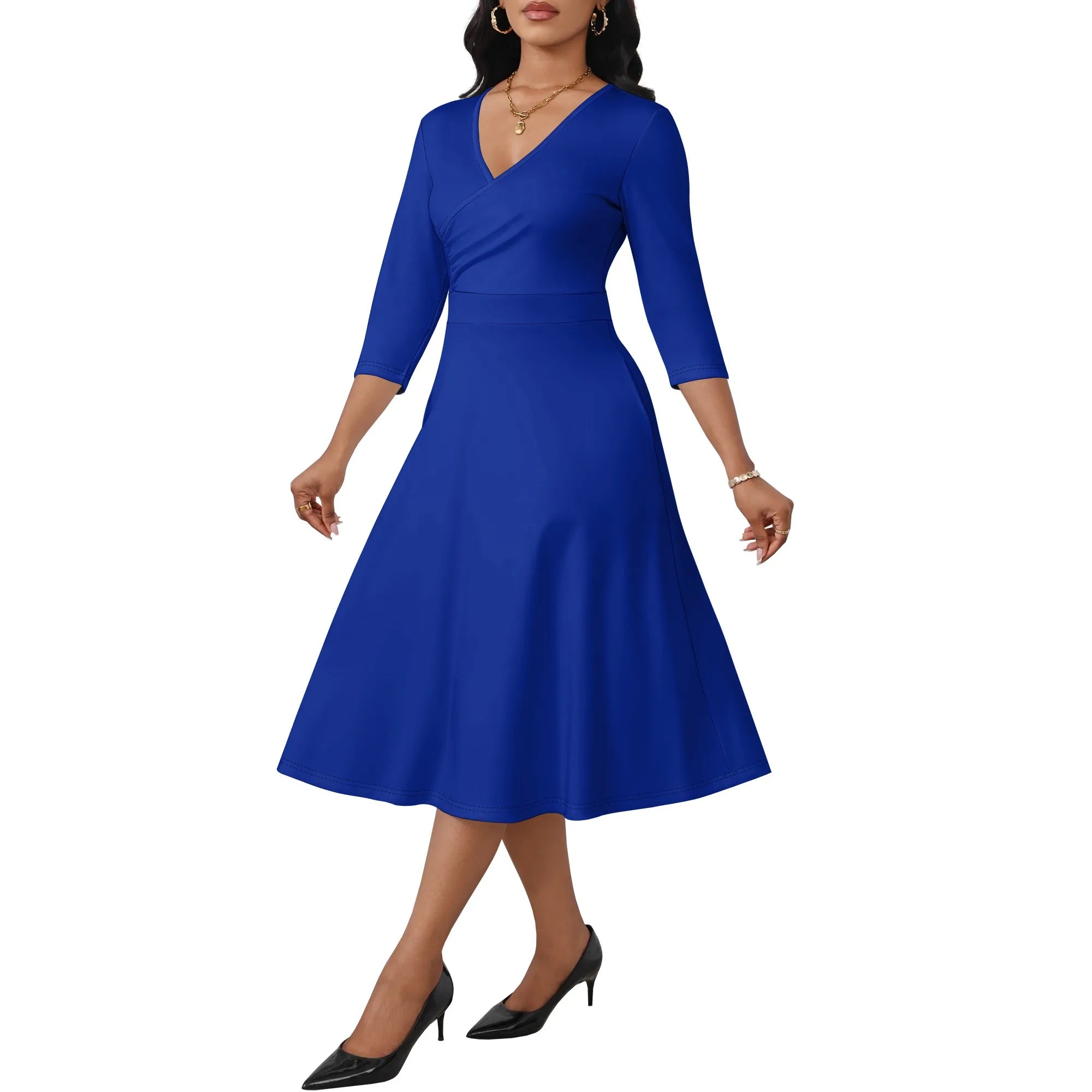 Ladies' casual flared midi dress, wedding guest cocktail tea party dress, A-line swing V-neck, three-quarter sleeves.