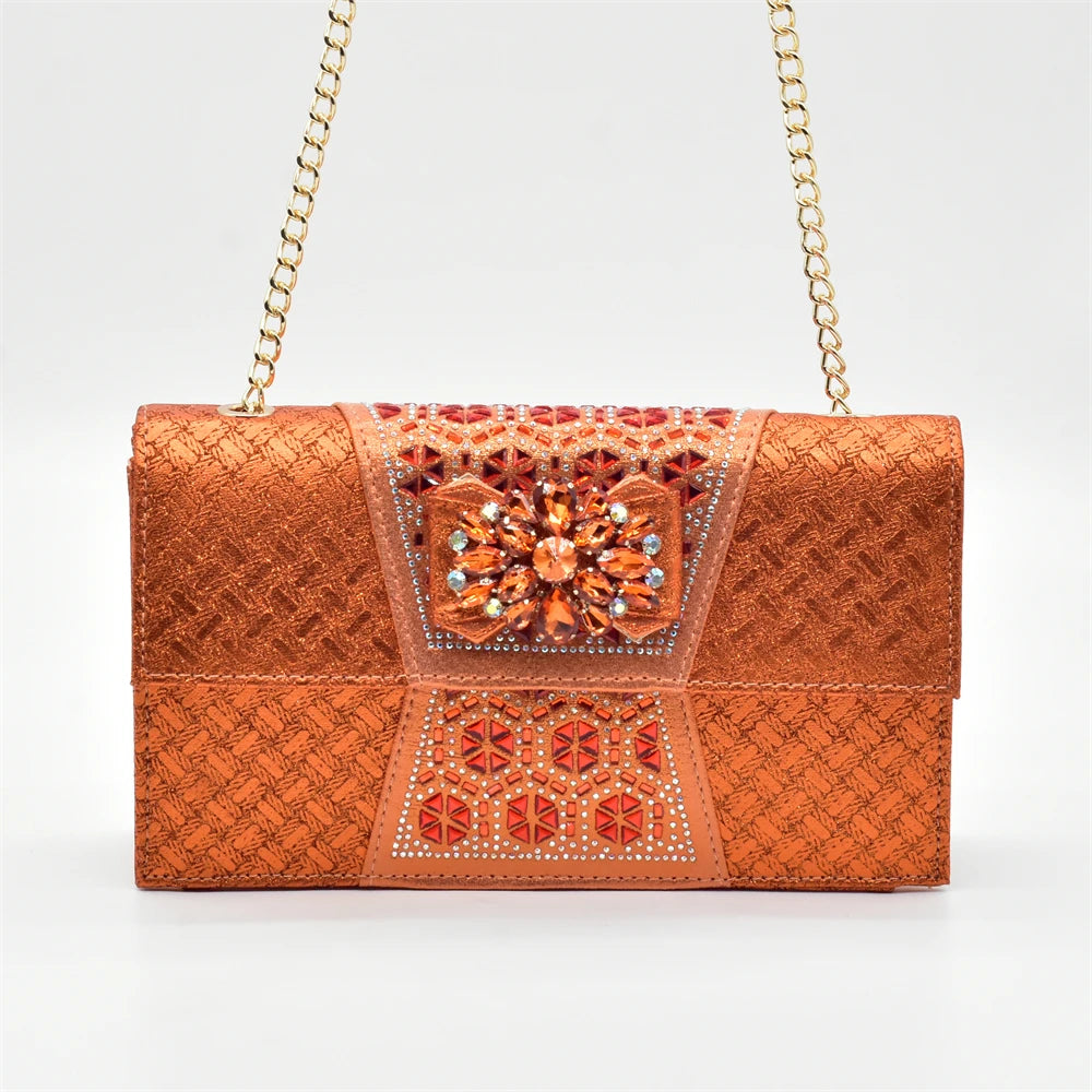 Orange Shoe and Bag Set Luxury Designer Shoes Women Matching Wedding Shoes and Bags Decorated with Rhinestone