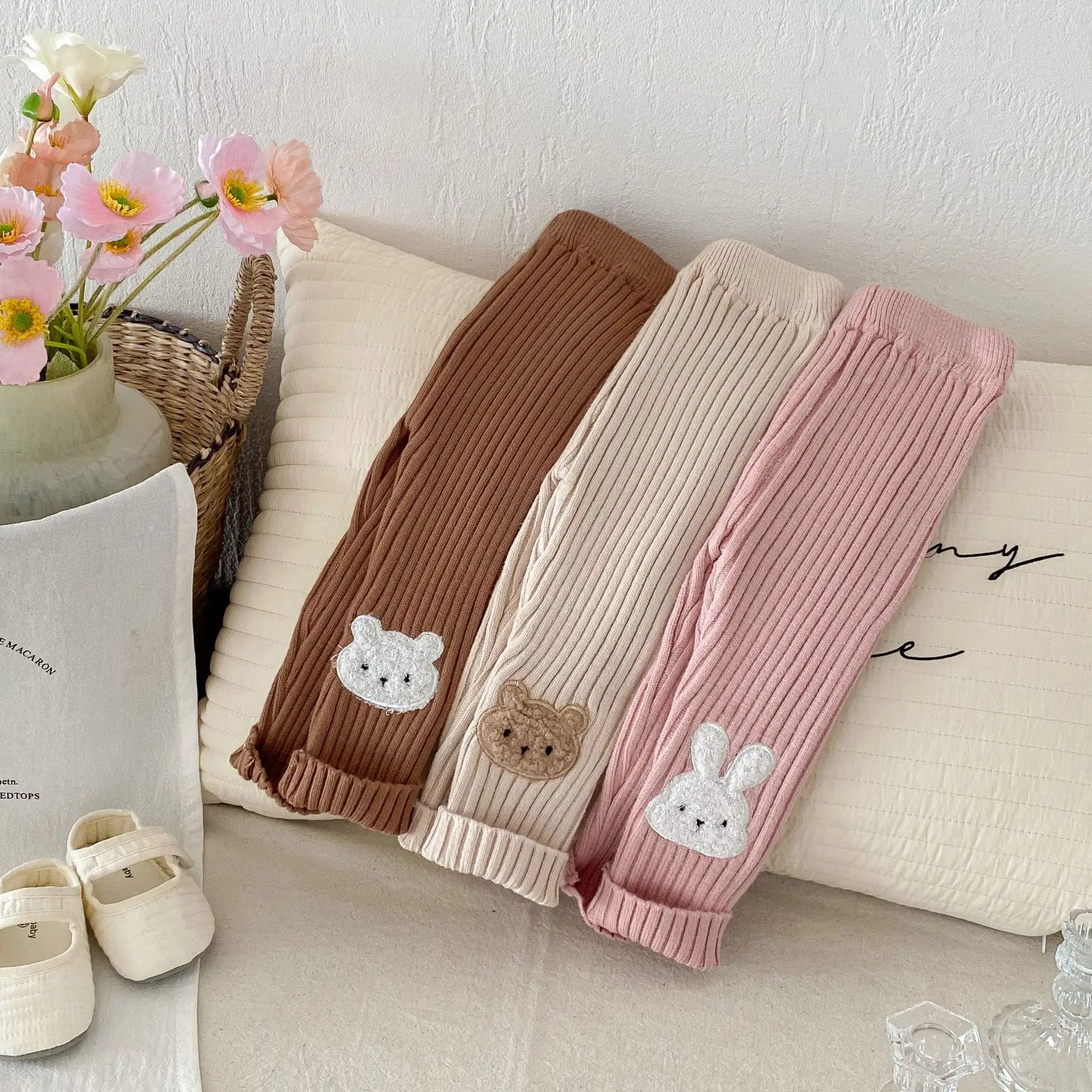 New Autumn Kids Knitted Leggings Girls Cute Cartoon Skinny Pants Children's Baby Pit Strip Trousers 0-5Y Girls