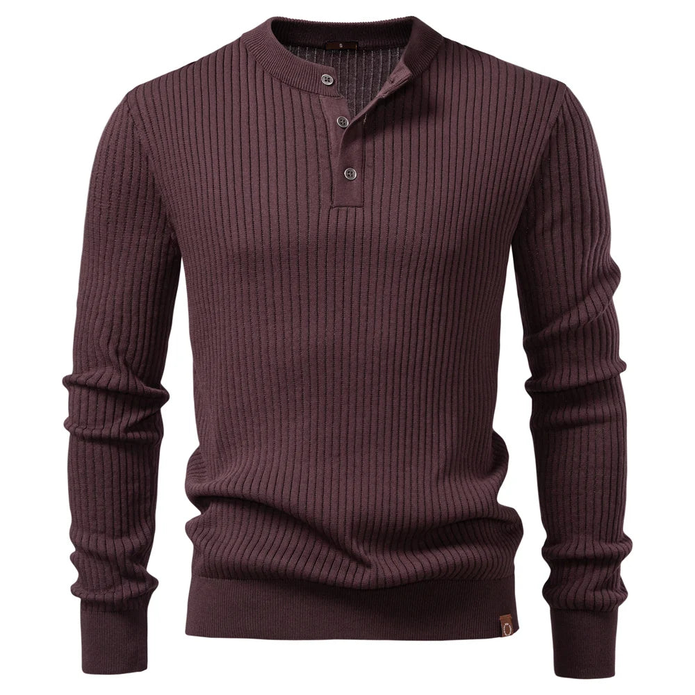 Men's Long Sleeve T-Shirt Fashion Knitted Slim Fit Polo Sweater Ribbed Henley Collar T-Shirt For Men