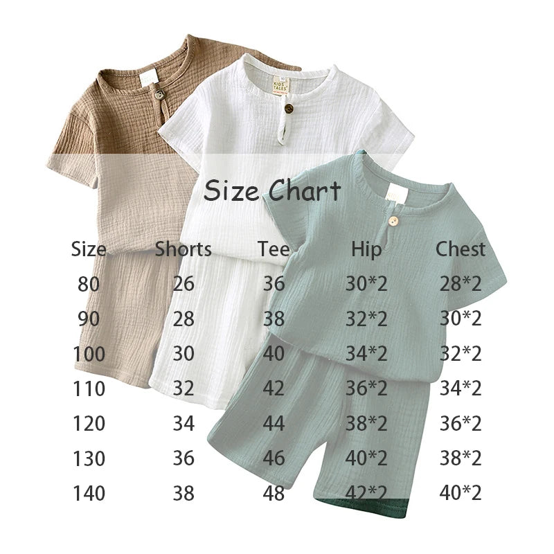 2025 Summer 100% Cotton Baby Boy Girl 2PCS Set Solid Short Sleeve Shirt Casual Toddler Suit 1-7T Unisex