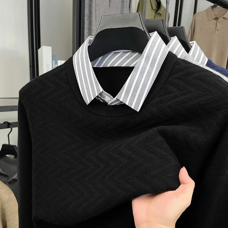 Men's Knitted Sweater With Shirt Collar - Vintage Style Fake Layered Business Casual, Pullover Old Money Style Top