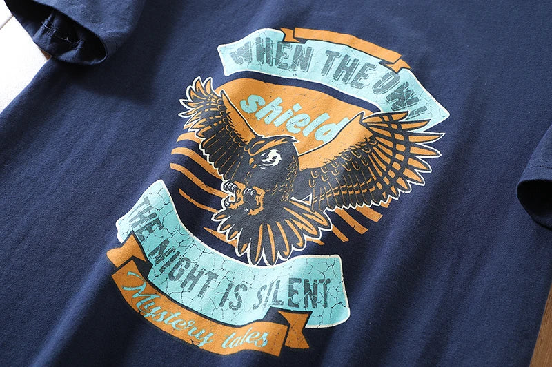 2025 Summer New American Retro 250g Short Sleeve O-neck Printed T-shirt Men's Fashion 100% Cotton Washed Casual Loose Tops