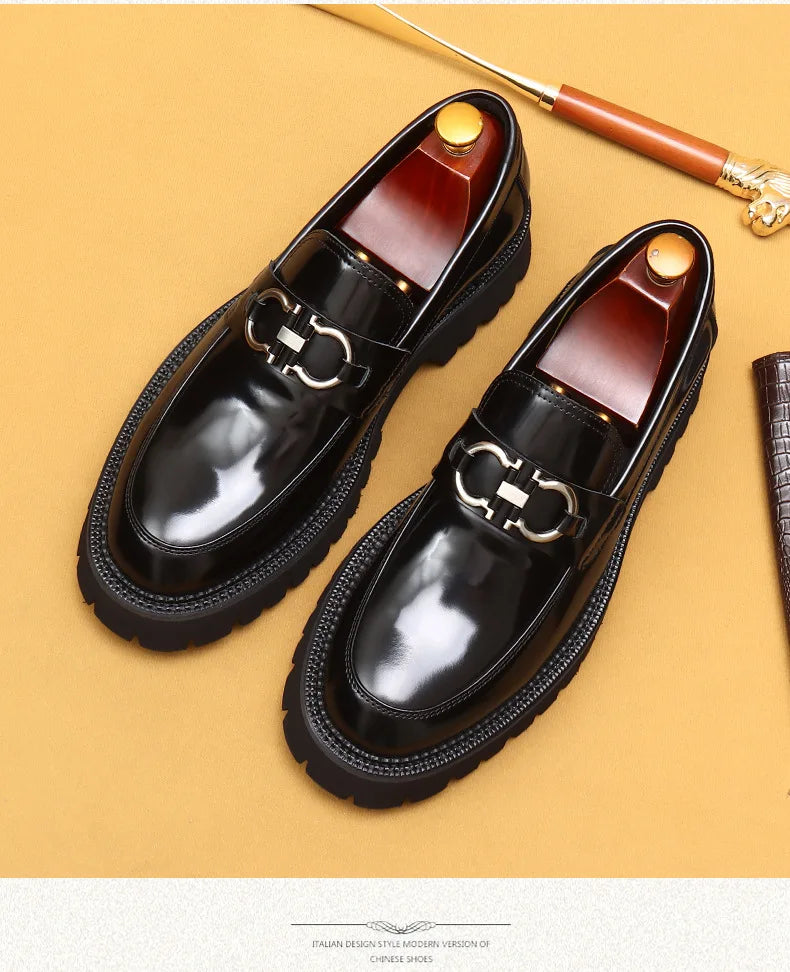 Cow Leather British Loafers Men Glossy Leather Business Casual Heightening Shoes - Non-Slip Tire Soles Dress and Round Toe Shoes