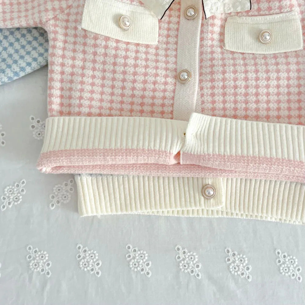 Spring Autumn Children's Clothing Set Girls Plaid Knitted Sweater and Skirt 2PCS Trendy Bow Cardigan Outfit 1-5Y Girls