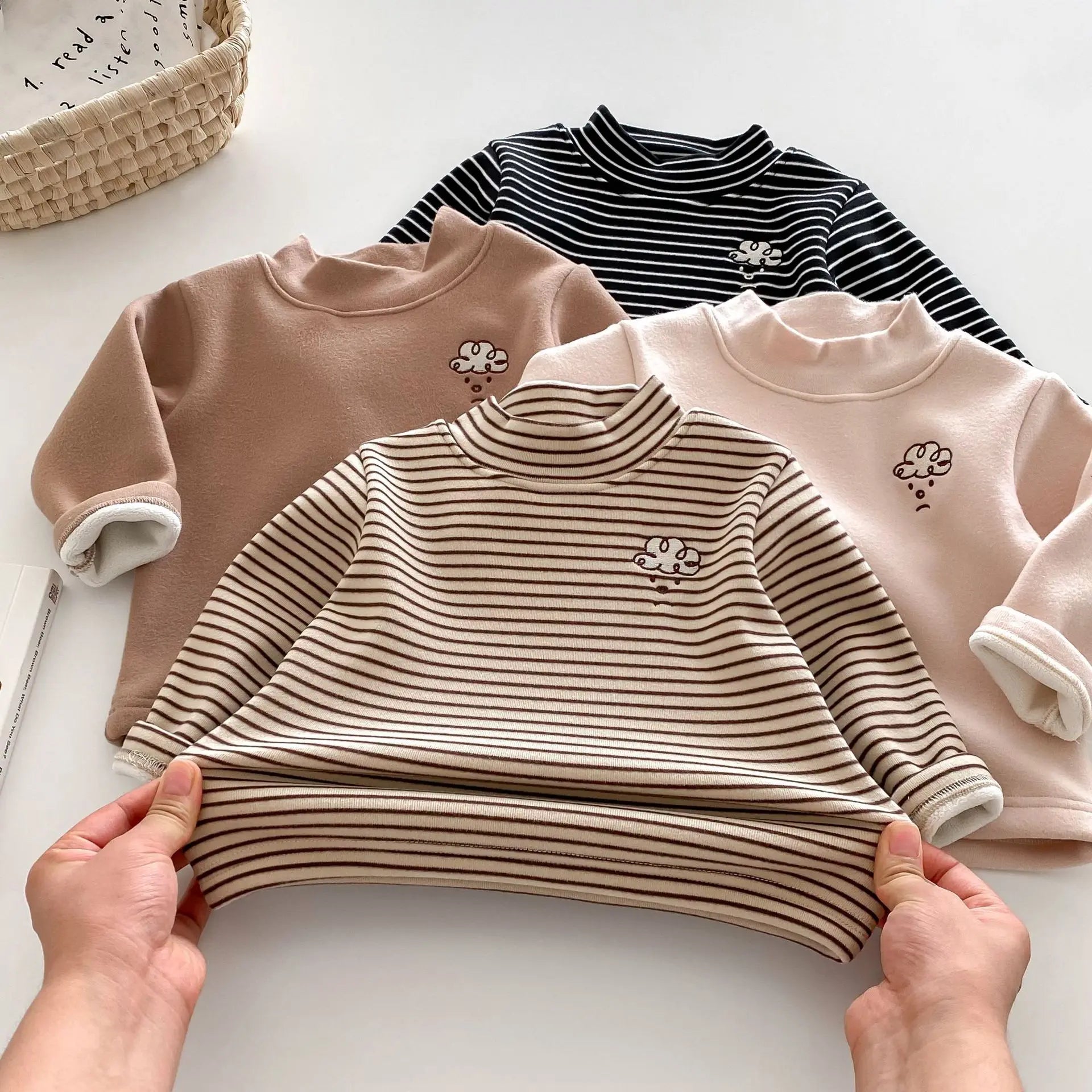 Herfst Kinder Basis Shirt Jongens Halve Turtleneck Warme Onderkant Tops Meisjes Bontvoering Geborduurde Gestreepte Blouse 0-5 Jaar Unisex