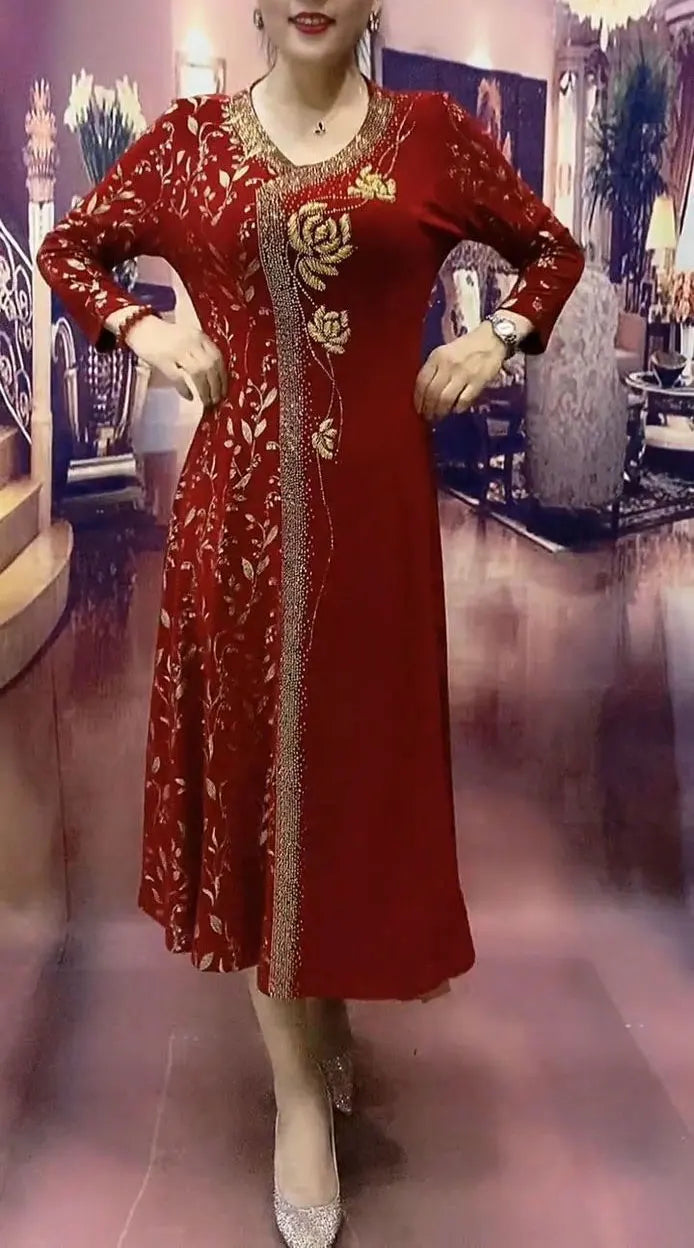 Commute Printed Elegant V-Neck Dresses Spring Autumn New A-Line Women's Clothing Long Sleeve Stylish Floral Diamonds Long Dress