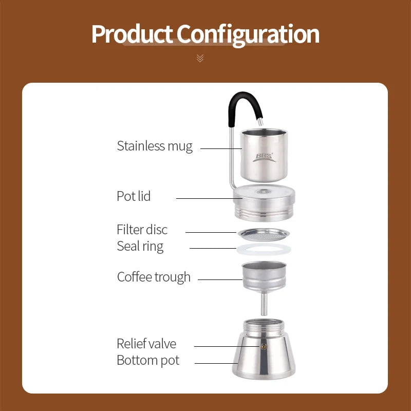Camping Stovetop Coffee Distiller Maker Stainless Steel Moka Pot Outdoor Brewed Coffee Grinder for Office Home Camping