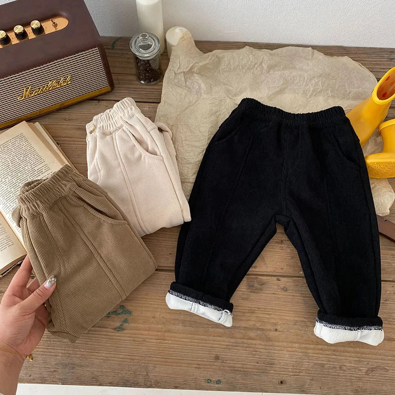Winter Warm Kids Pants Fleece Lining Corduroy Fleece Boys Girls Trousers Outerwear Clothing 1-6Y Unisex
