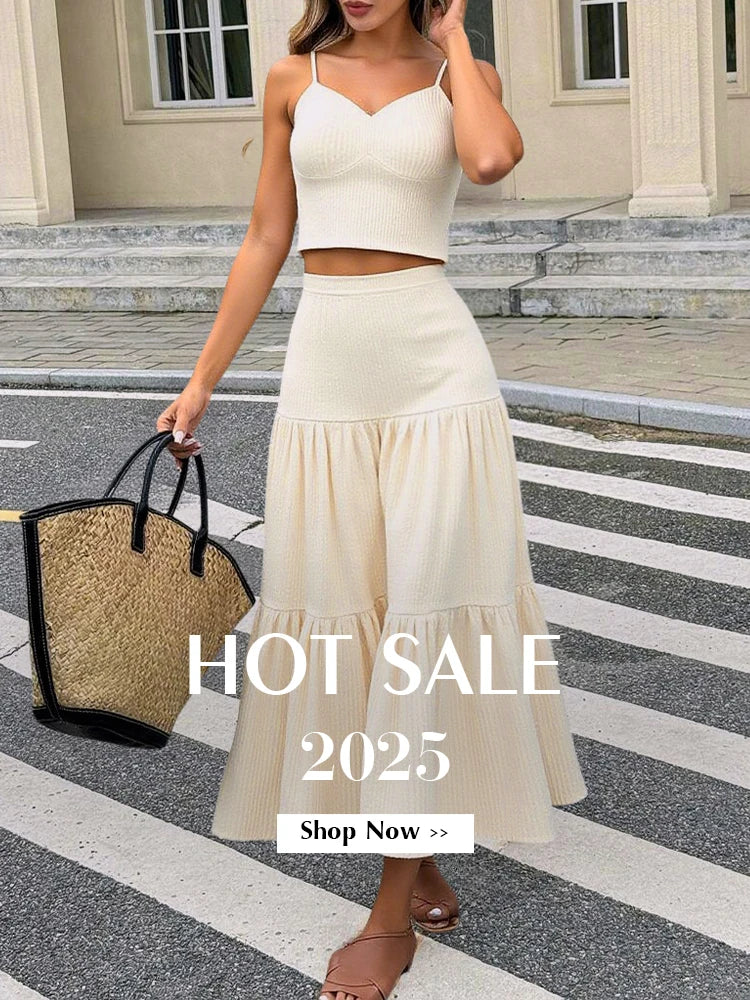 Sets Summer Simple Decent Solid Colour Screw Thread Sleeveless Sweetheart Neck High Waist Pleated Skirt Sets For Women