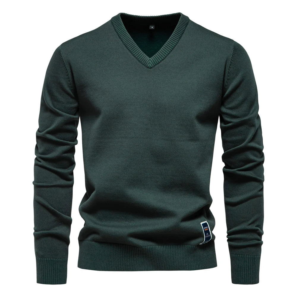 Men's V-neck Solid Cotton Pullover Sweaters Long Sleeve Casual Social Knitted Sweaters for Men
