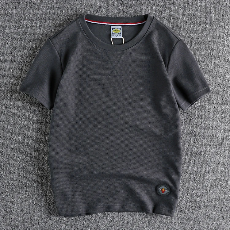 Zomer Nieuw Amerikaans Retro Waffle Microchapter T-shirt Herenmode Eenvoudig Gewassen Korte Mouw O-hals Casual Losse Jeugd Tops