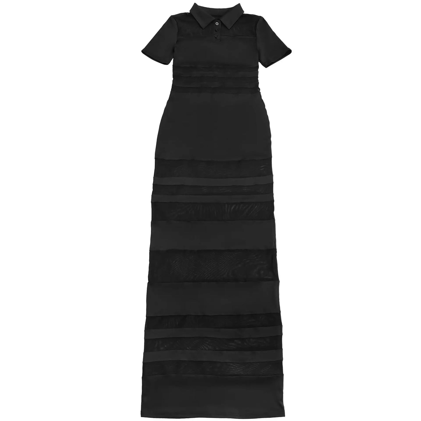 Sexy Women Turn Down Collar Short Sleeve Mesh Patchwork Striped Long Dress Vestidos