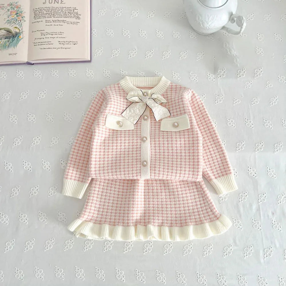 Spring Autumn Children's Clothing Set Girls Plaid Knitted Sweater and Skirt 2PCS Trendy Bow Cardigan Outfit 1-5Y Girls