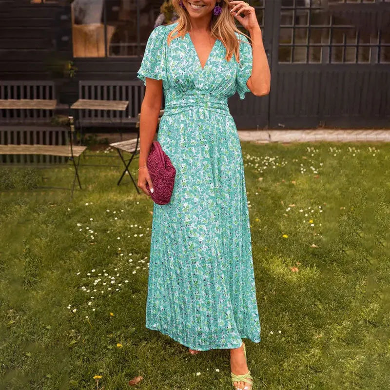 Summer Elegant Fragmented Flower Dress Women Fashion Beach Style V-neck Bubble Sleeves Long Dress Women