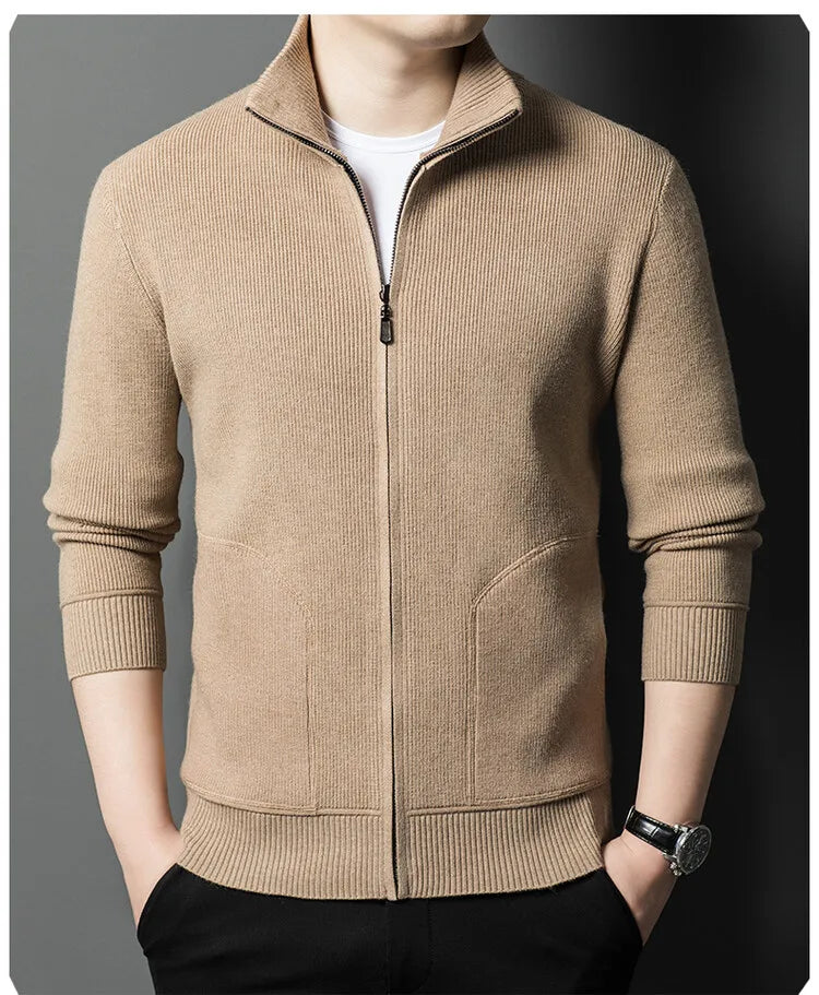 Men's Solid Colour Autumn Long-Sleeved Stretch Warm Cardigan, Daily Jacket Sizes M-4XL