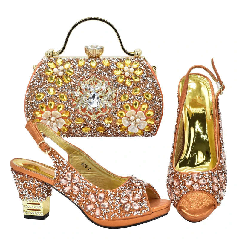 Italian Women Wedding Shoes and Bag Set Decorated with Rhinestone Africa Shoe and Bag Set Plus Size Heels 43 Wedding Shoes Bride
