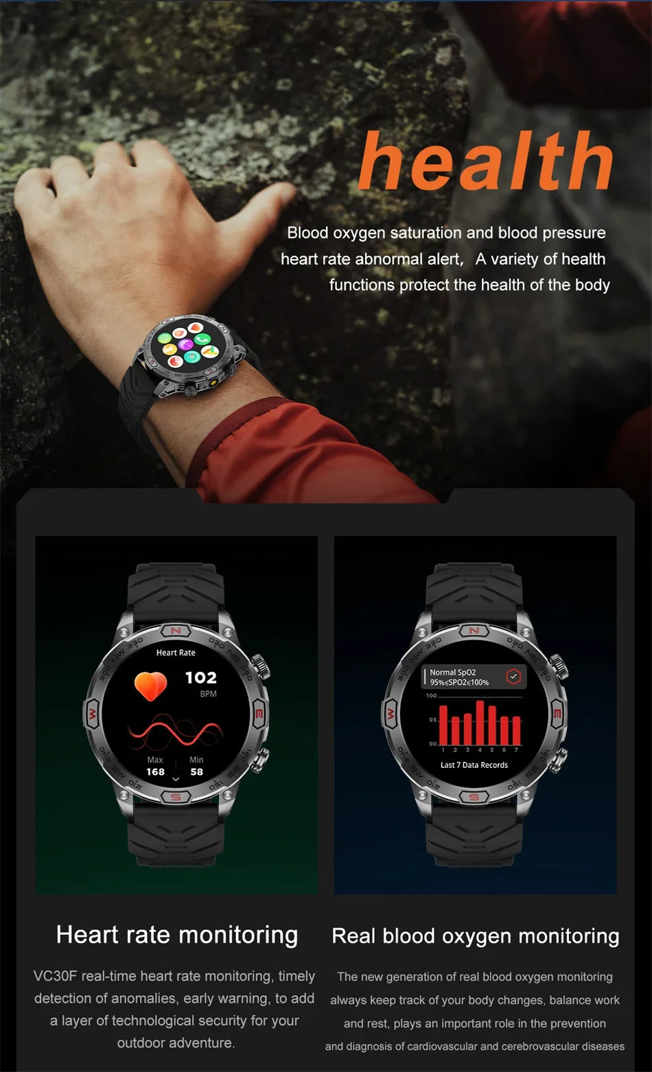 Outdoor Military Smart Watch Men Compass GPS Track Bluetooth Call IP68 Waterproof AMOLED Screen Smartwatch Compatible with Android IOS