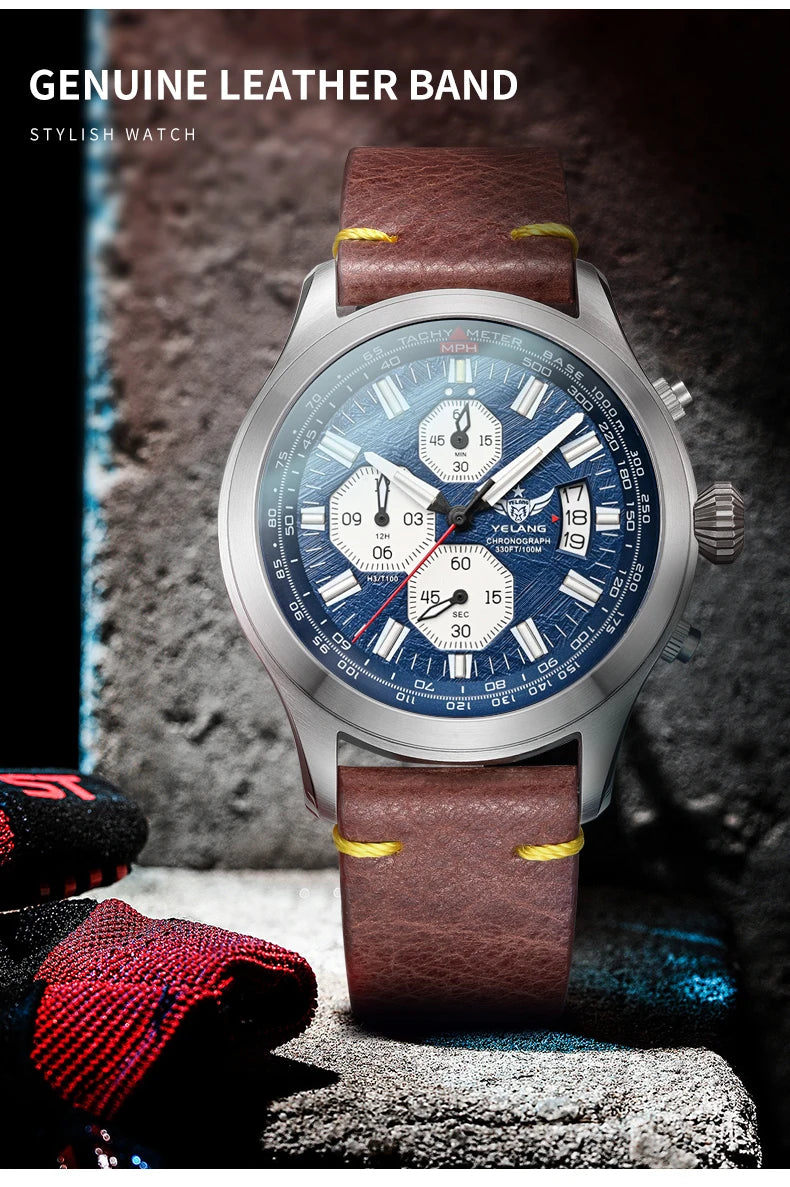 Yelang Men's Three Eyes Six Needles Japan OS00 Movement 100M Water Resistant Waterproof Diving Stainless Steel Quartz Watch