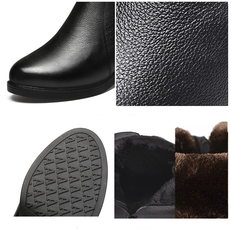 Women Genuine Leather Mid Calf Boots Female Mather Ladies Winter Fur Plush Warm