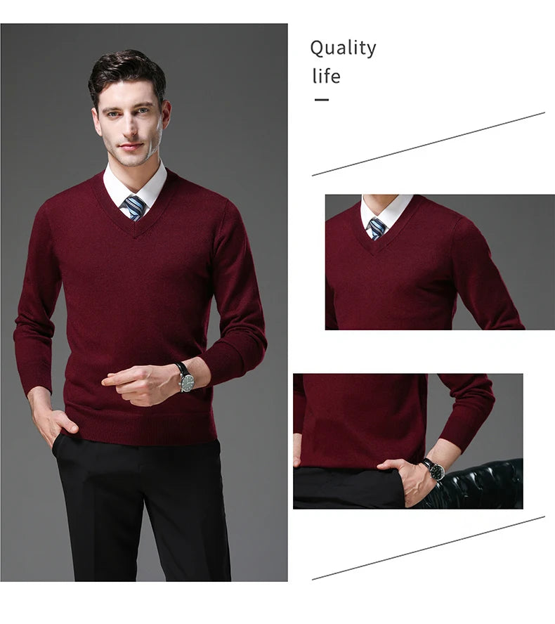 Men's Warm V-Neck Solid Colour Sweater, Autumn & Winter Stretch Top, Daily Leisure Pullover Knitwear, Male Business Casual