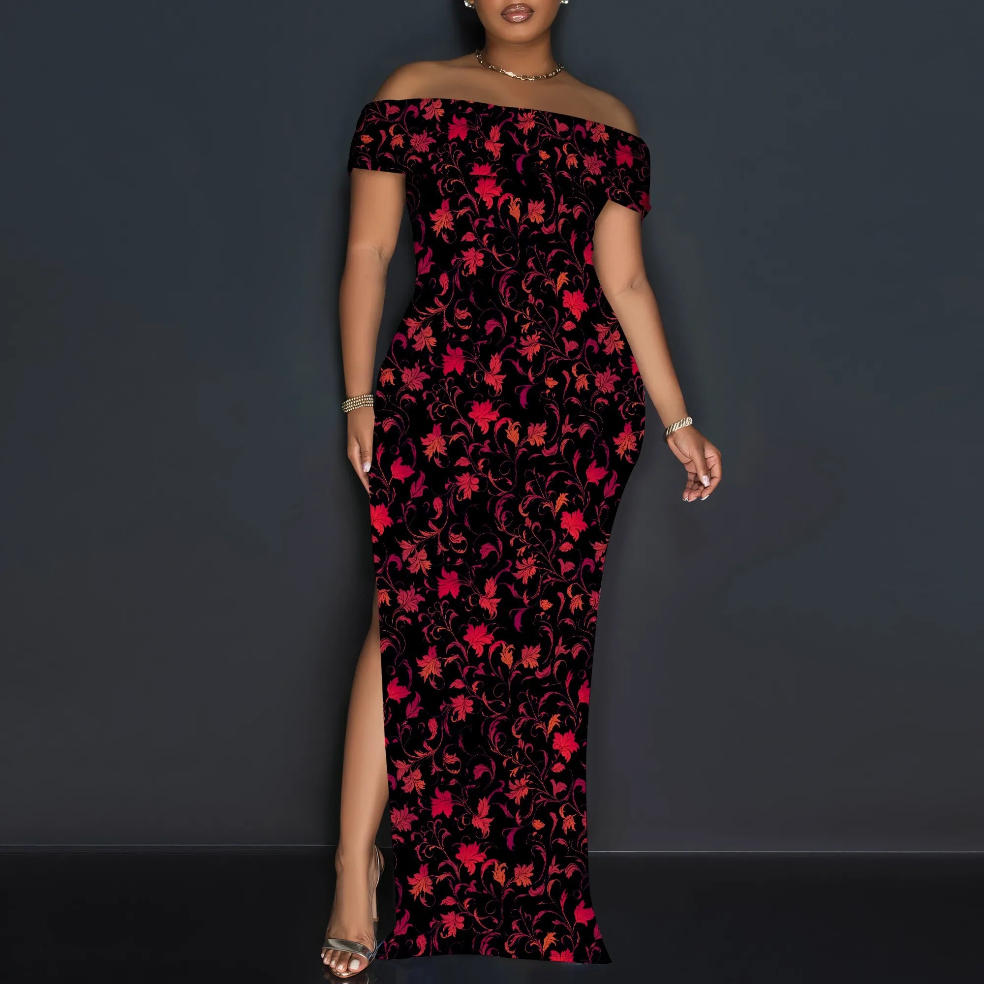 Vintage Floral Off Shoulder Maxi Dress Women Elegant Red Print Bodycon Long Gown Evening Look