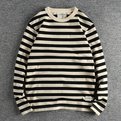 Autumn New American Retro 230g Heavyweight O-neck Striped T-shirt Men's Fashion 100% Cotton Washed Casual Loose Tough GuyTops