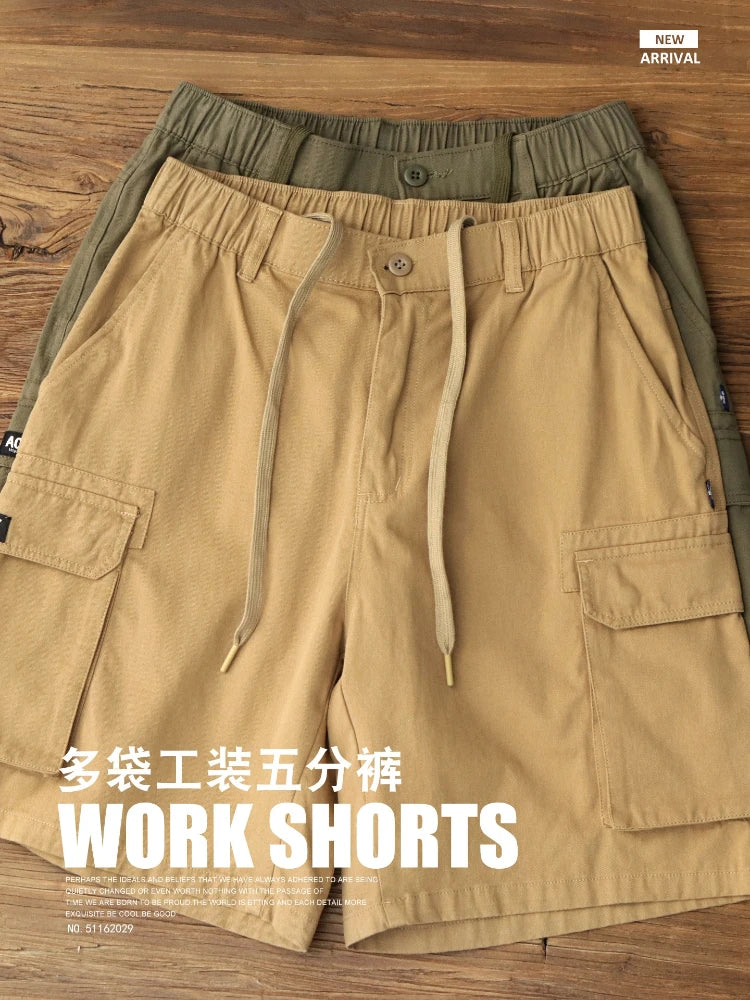 2025 Zomer Nieuwe Amerikaanse Retro Geweven Cargo Shorts Heren 100% Katoen Elastische Taille Trekkoord Casual Losse Rechte 5-punts Broek