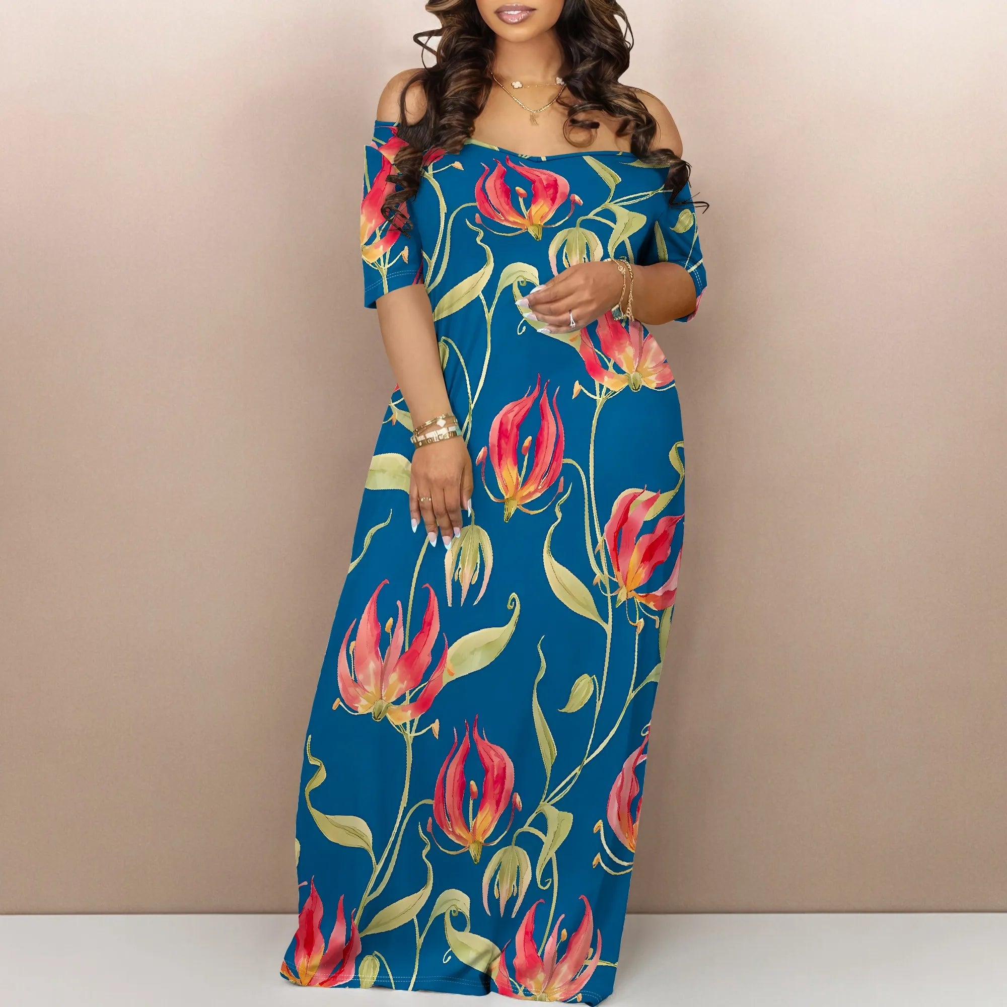 Floral Off Shoulder Maxi Dress Blue Background Summer Holiday Garden Style