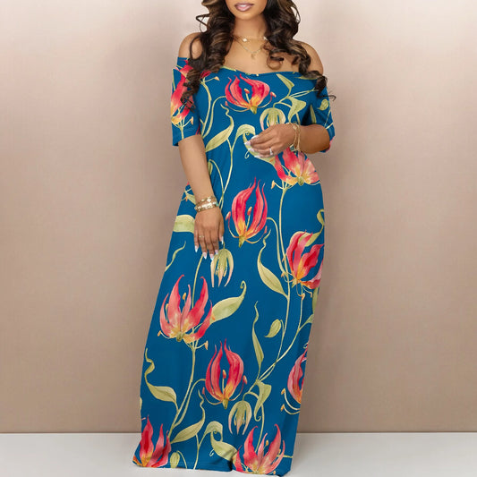 Floral Off Shoulder Maxi Dress Blue Background Summer Holiday Garden Style