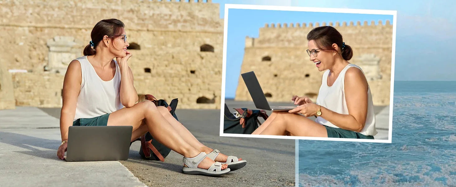 Women's Sandals Summer Beach Flats Adjustable Ankle Strap For Swollen And Flat Feet With Arch Support Open Toe Orthotic