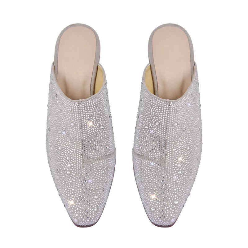 Women Pointed Toe Rhinestone Mules Glitter Bling Shiny Pretty Sparkly Gorgeous Chunky Heel Slip On Summer Slipper